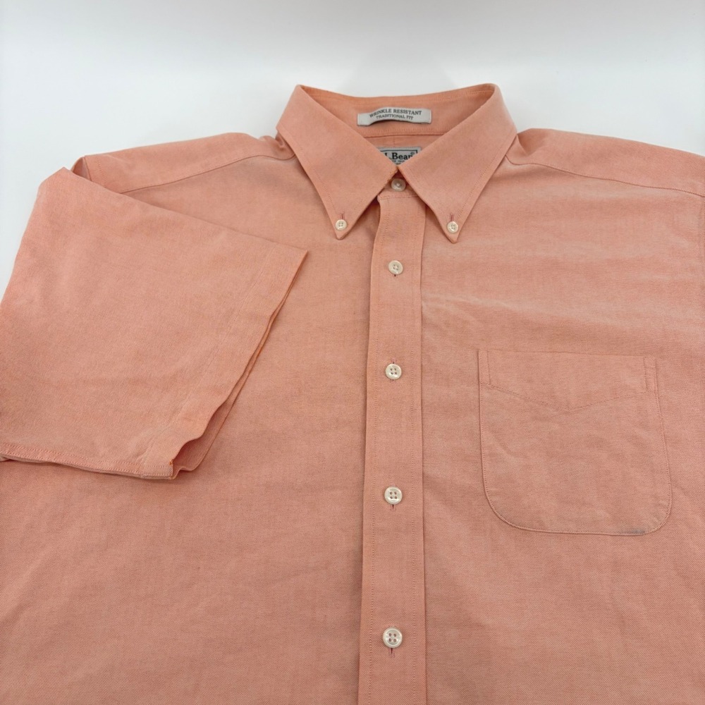 LL Bean Mens Peach Button Down Short Sleeve Shirt Traditional Fit Size 17-Reg